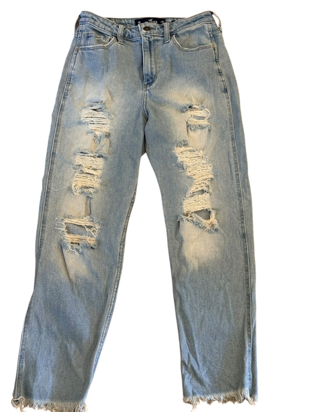 Hollister Mom Jean Ultra High Rise Light Wash Distressed Frayed Hem 29